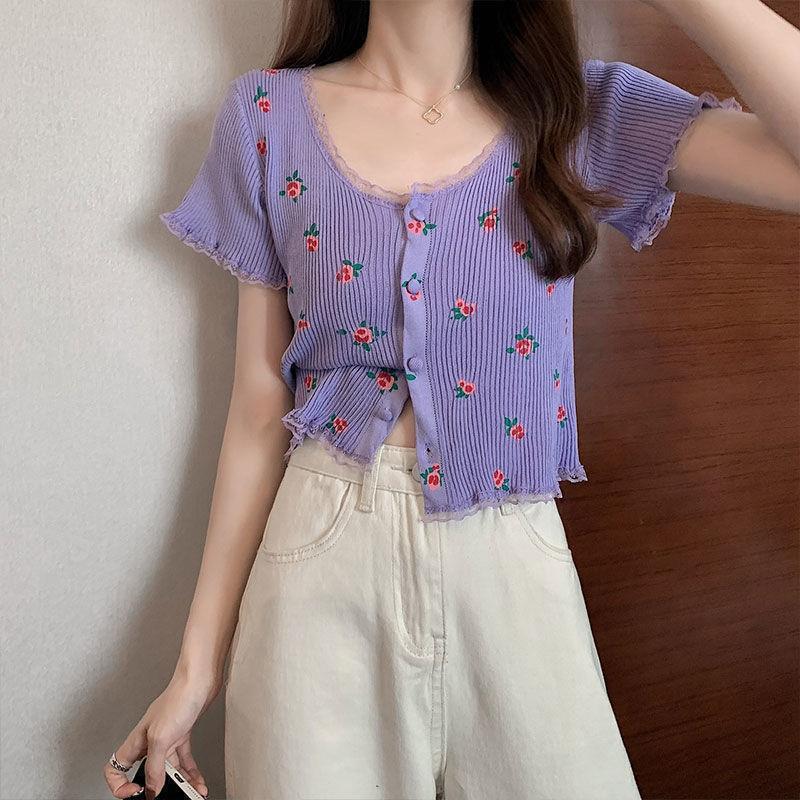 Age-reducing Floral Knitted Bottoming Shirt Short Sleeve