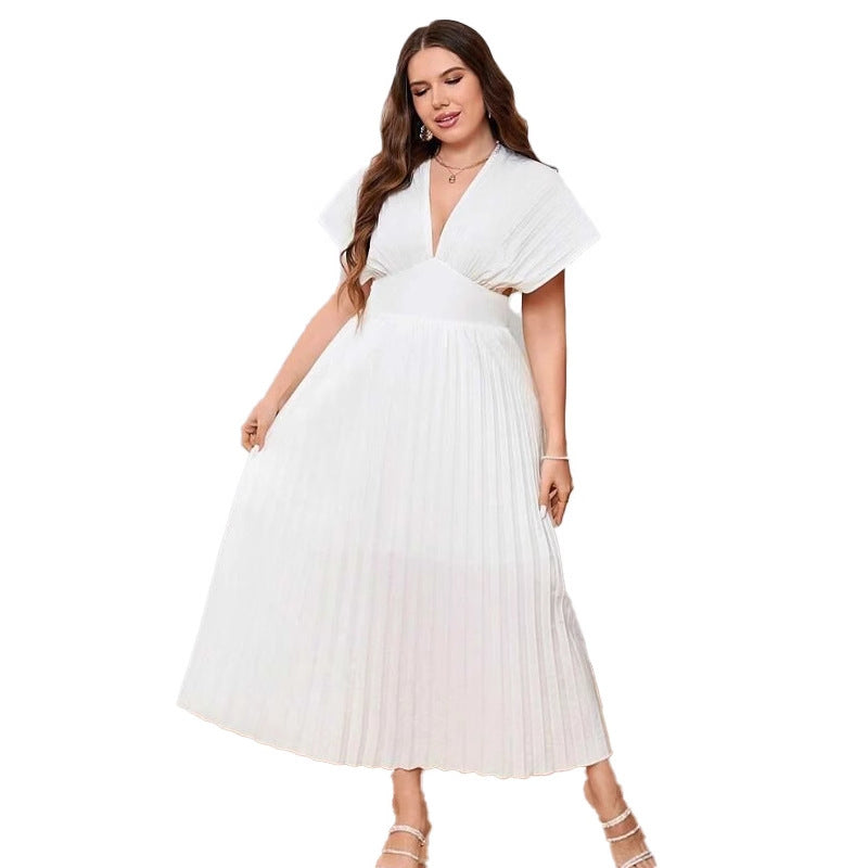 V-neck Sexy Bat Sleeve Slim-fit Pleated A- Line Dress