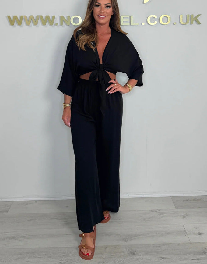 Pure Color Tied Shirt High Waist Straight Casual
