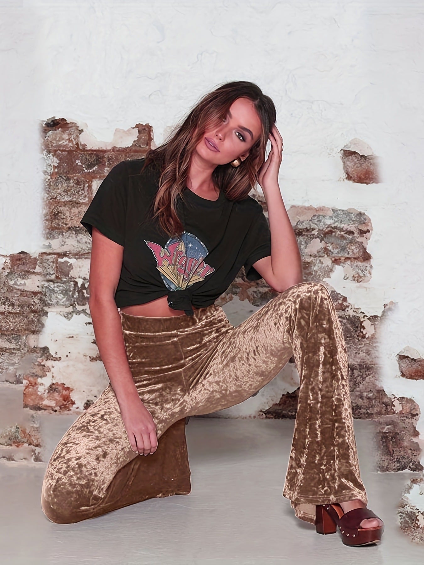 Women's High Waist Gold Velvet Casual Wide Leg Flared Pants
