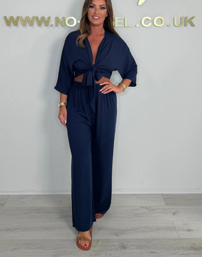 Pure Color Tied Shirt High Waist Straight Casual