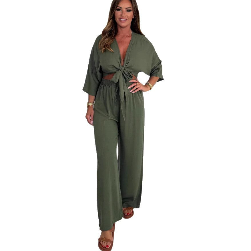 Pure Color Tied Shirt High Waist Straight Casual