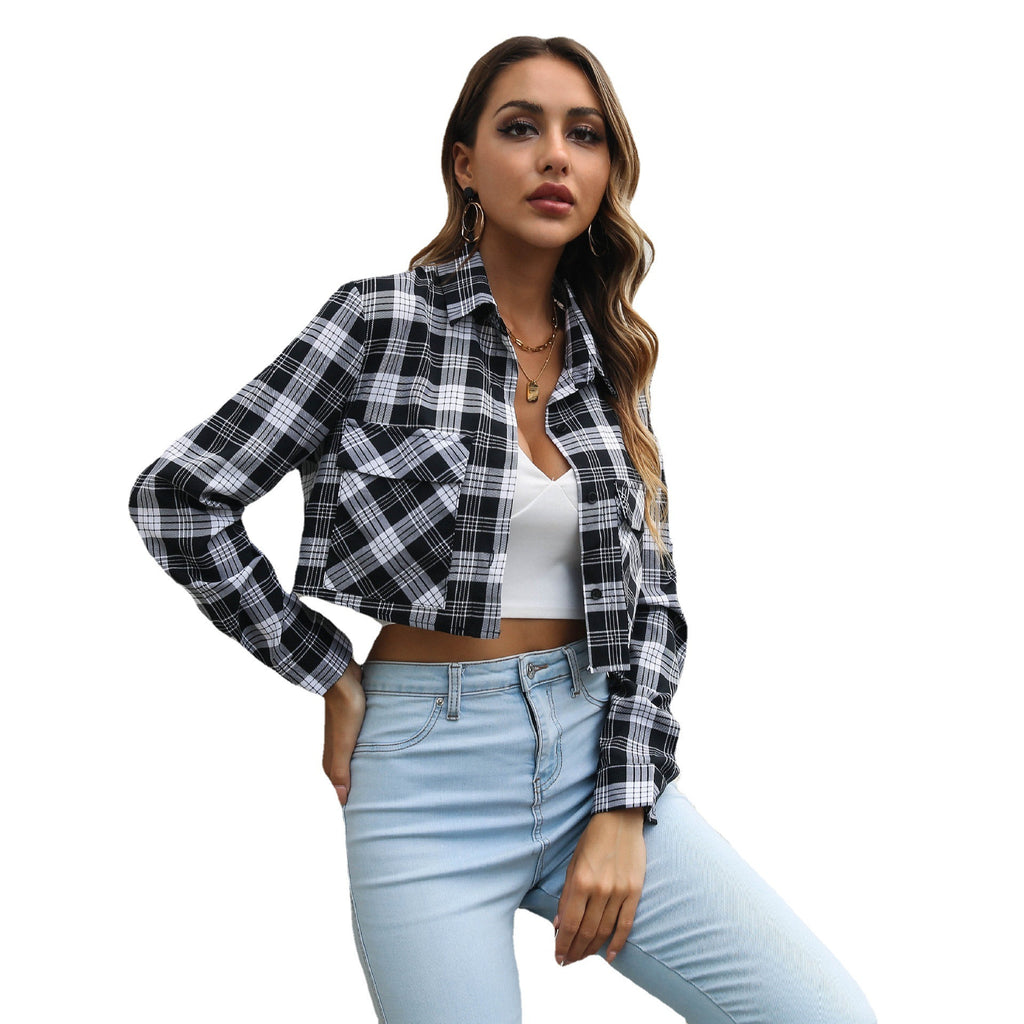 Plaid Zebra Print Pocket Long Sleeve Shirt Cropped Top Cardigan Thin Outerwear