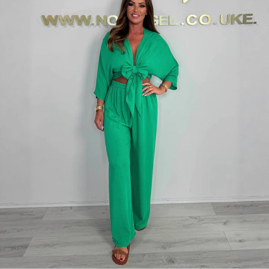 Pure Color Tied Shirt High Waist Straight Casual