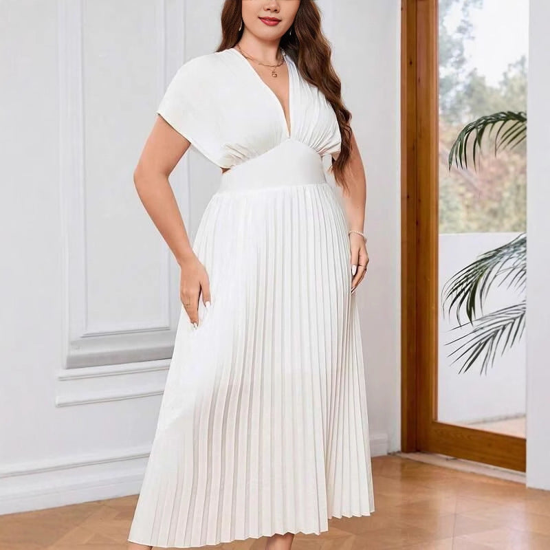 V-neck Sexy Bat Sleeve Slim-fit Pleated A- Line Dress