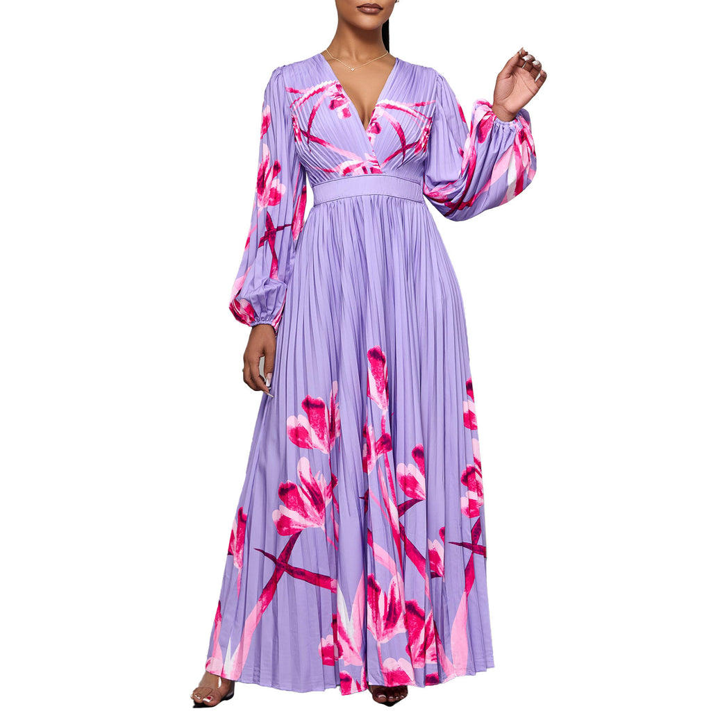 V-neck Slimming Long Sleeves Printed Pleated Dress
