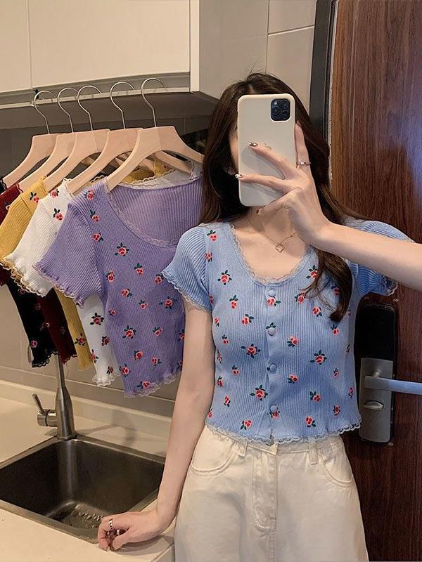 Age-reducing Floral Knitted Bottoming Shirt Short Sleeve