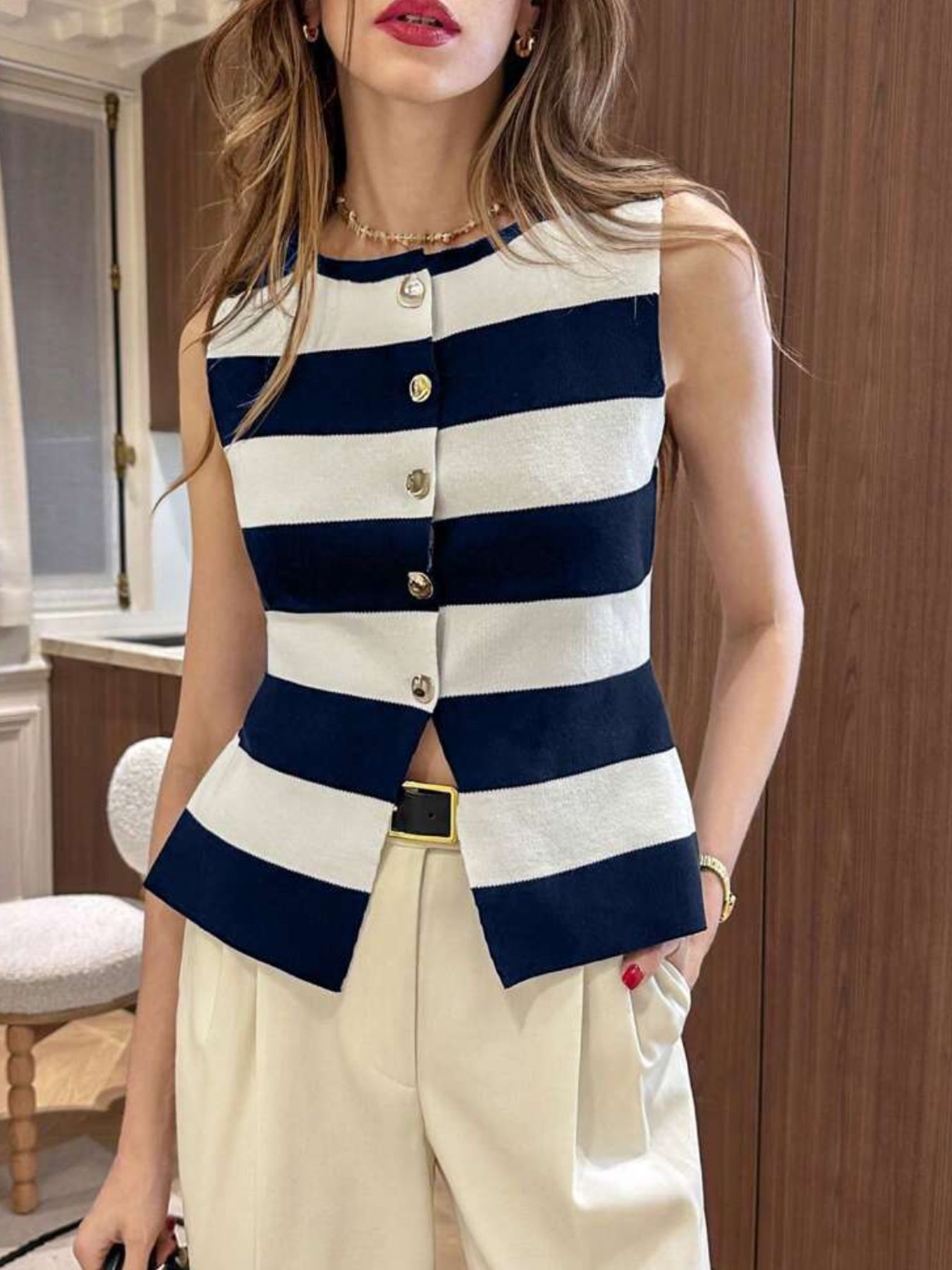Elegant Knitted Women's Clothing Design Striped Knitted Vest Jacket