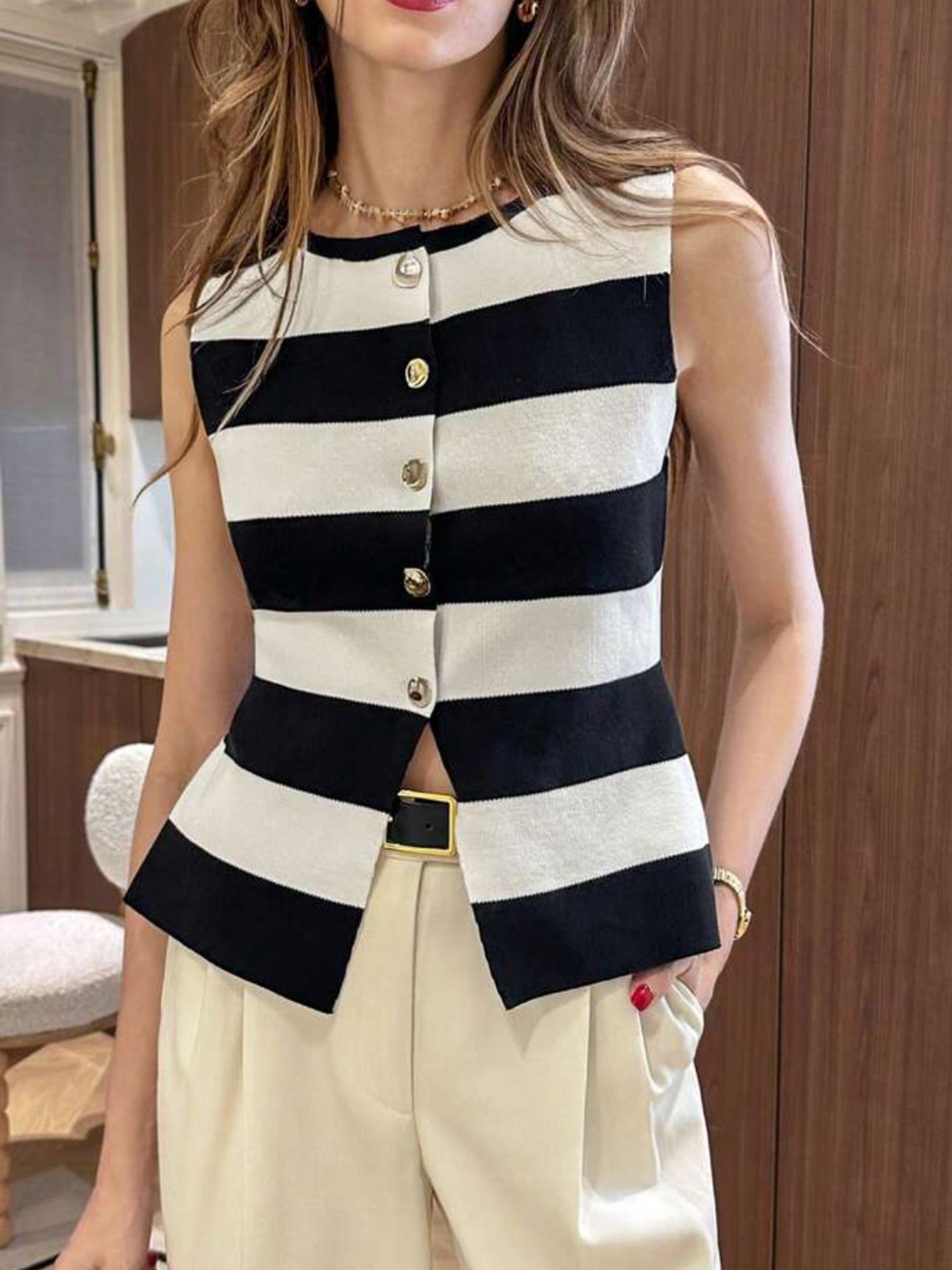 Elegant Knitted Women's Clothing Design Striped Knitted Vest Jacket