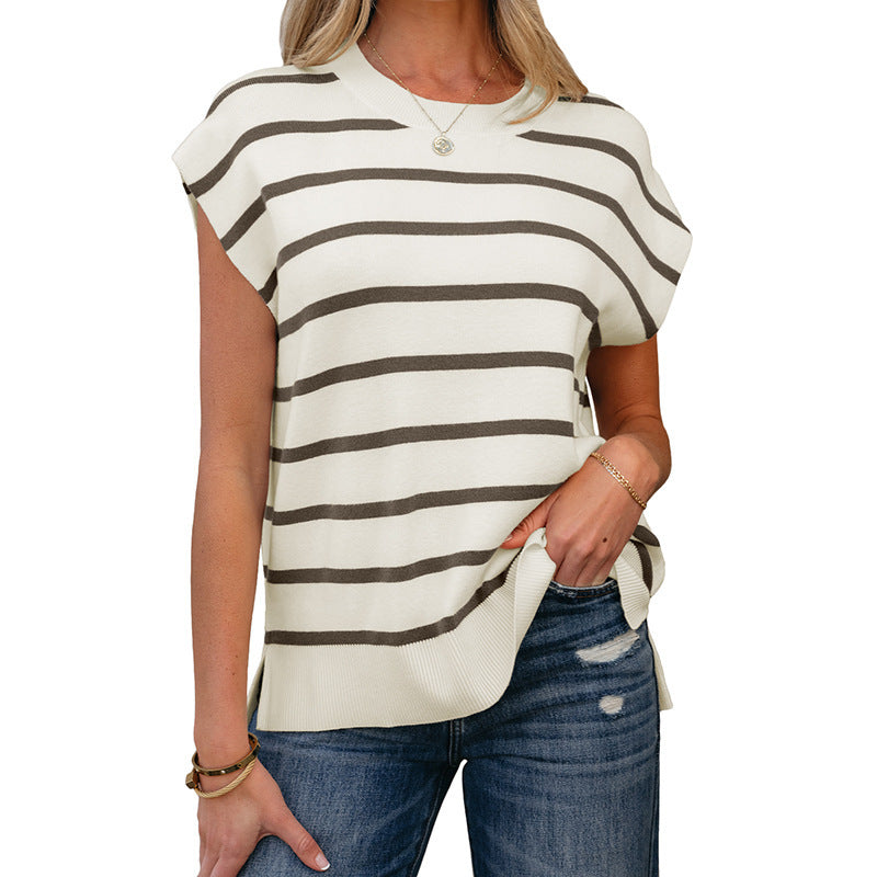 Women's Casual Versatile Striped Round Neck Short Sleeved Shirt