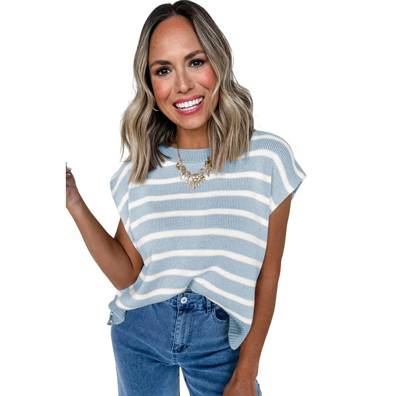 Women's Casual Versatile Striped Round Neck Short Sleeved Shirt