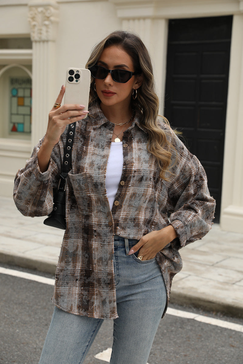 Street Style Plaid Shirt Women's Ripped Top Pocket Long Sleeve Coat