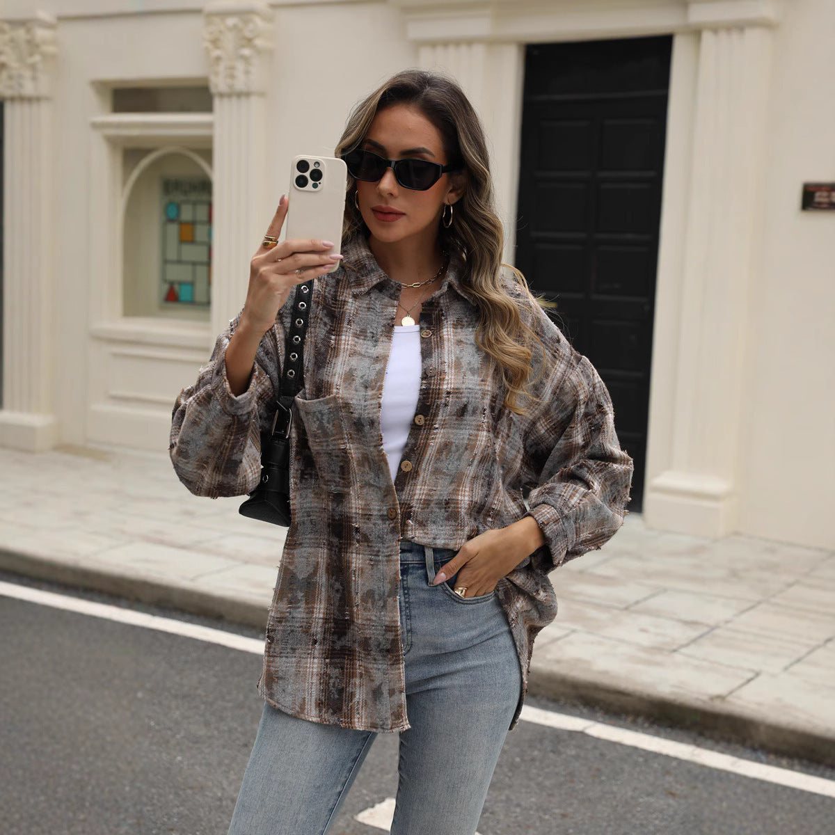 Street Style Plaid Shirt Women's Ripped Top Pocket Long Sleeve Coat